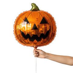 hand holding Halloween balloon on white transparent background, PNG 