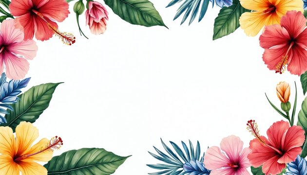 Tropical floral border with pink, red, and yellow hibiscus flowers and green leaves. Decorative frame with exotic plants and blooms. Natural botanical design element for summer vacation themes.