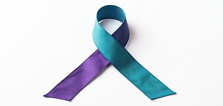 Purple, teal ribbon lies on clean white background. Important symbol represents suicide prevention, mental health awareness. Signifies crucial support, hope. Promotes advocacy, guidance for people