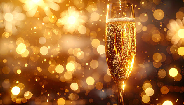 Golden Toast: A close-up shot of a champagne flute, filled with sparkling bubbles, against a backdrop of festive golden bokeh lights, creating a scene of celebration and joy.