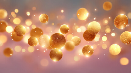 A mesmerizing display of iridescent gold metallic bokeh orbs, gracefully floating and shimmering in layered depth, creating a magical and luxurious atmosphere.