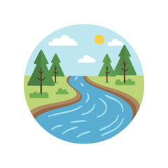 A beautiful illustration of a serene river scene with trees and the sun. The image evokes a sense of peace and natural beauty