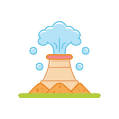 An active volcano erupting with steam and gas, a symbol of nature's raw power. The illustration features a stylized representation of the earth's fiery force