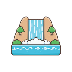 Cartoon waterfall scene with clear water, blue lake, green trees and mountain in bright daytime.