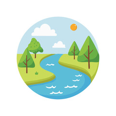 Scenic illustration of a river flowing through a lush landscape with trees and a bright sun in a circular shape. The scene is full of life and color, conveying a sense of peace and natural beauty