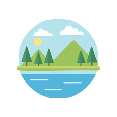 An illustration of a serene pond surrounded by lush green trees