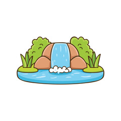 A cartoon waterfall surrounded by greenery and serene water