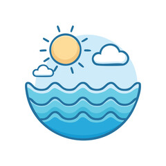 An illustration of a bright sun shining over ocean waves and clouds