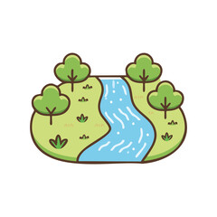 A vibrant illustration depicting a flowing river winding through a lush green landscape, surrounded by trees. A scene that evokes a sense of tranquility.