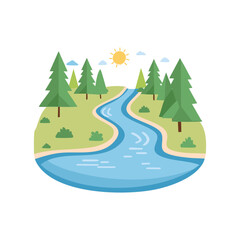 A picturesque river meandering through a lush green landscape, with trees and a bright sun overhead