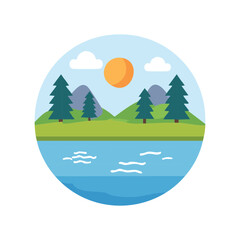 A serene landscape featuring a sun, trees, clouds, water and mountains. This illustration captures a peaceful natural setting