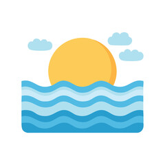 Ocean view with yellow sun rising and blue cloud in summer. The image showing the natural environment with sea, sunshine and cloudy sky