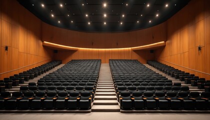 Rows of empty black seats in a modern auditorium with warm wood paneled walls and ceiling lights. This large hall has stairs and carpeting, ideal for events and presentations.