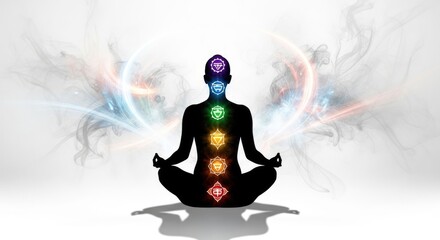 Human silhouette meditating with seven colorful spiritual energy centers glowing brightly along the spine, representing mind body balance and inner peace.