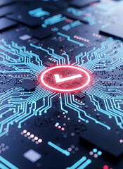 Glowing red microchip with blue circuitry and data flow