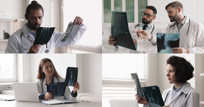 Medical professionals examining X-ray images, collage view