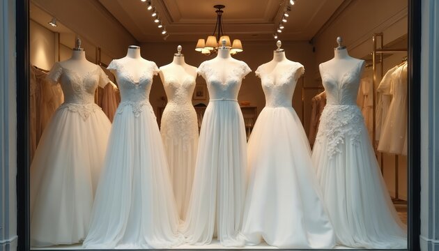 White bridal gowns displayed on mannequins inside a fashion boutique window. Various elegant wedding dresses feature lace details and flowing skirts for bride inspiration.