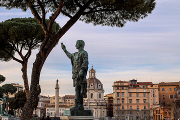 View of Statue of Roman Emperor Nerva at Roman Forum on famous Via dei Fori Imperial of Rome, Italy. High quality photo