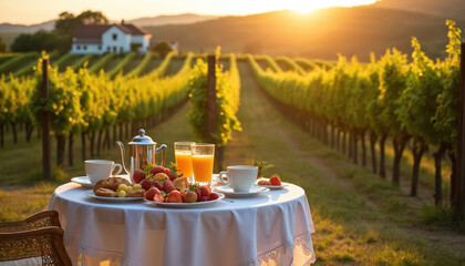 Naklejka premium Elegant breakfast setup at vineyard. Table with fruit coffee and pastries. Romantic morning with beautiful sunrise and landscape. Tranquil scene countryside idyll