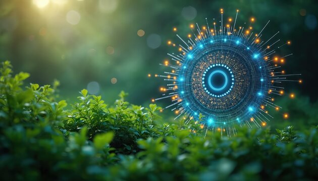 Eco concept with digital tech. Green plants with a glowing tech circle representing data transfer. The visual reflects sustainability eco friendly approach with innovation.