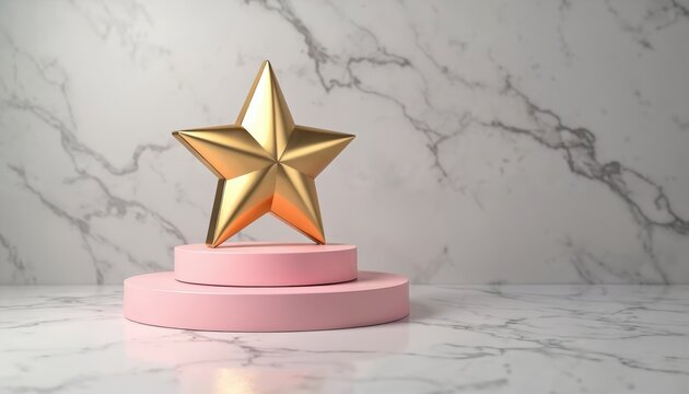 Golden star trophy rests on a pink podium against polished marble. This elegant display symbolizes achievement and success. Its perfect for conveying recognition and luxury in design projects.