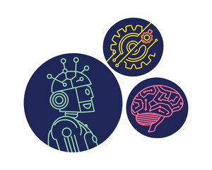 Artificial Intelligence Robotics Brain Power Concept Featuring Robot Gear and Brain Icons on Dark Blue Circles Isolated on White