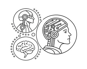 Artificial Intelligence Concept with Robot Head Brain and Neural Network Depiction in Circular Design for Futuristic Technology