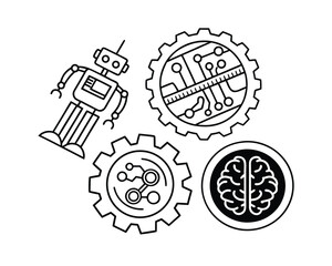 Futuristic AI Concepts with Robot Gears and Brain Illustration on White Background Represents Technology and Innovation