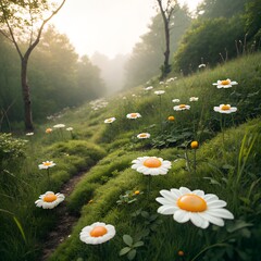 Misty morning in a field of daisies with a winding path.