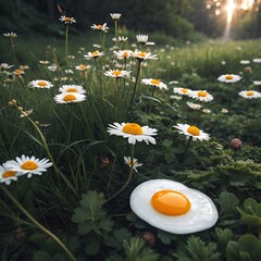 Sunny Side Up Egg Nestled Among Daisies in a Green Field
