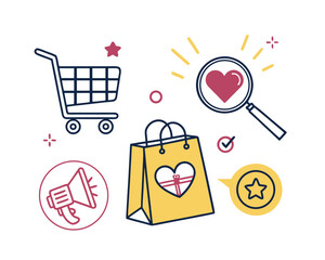 Online Shopping and Marketing Campaign Flat Lay Design Elements Featuring Shopping Cart and Handbag with Heart Symbol and Magnifying Glass