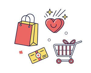 Cheerful shopping illustration with gift card heart and shopping bag for retail and marketing promotions