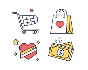 Shopping Icons Set Cute Illustration featuring Cart Bag Heart and Money for Ecommerce and Retail Industry
