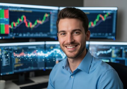Smiling young male stock market trader or financial analyst working with multiple computer screens displaying graphs and digital data.