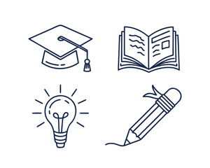 Education and learning vector icons set graduation cap open book light bulb and pencil for knowledge and school inspiration