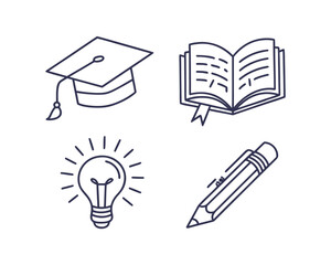 Education and Learning Icons with Graduation Cap Book Lightbulb and Pencil Representing Knowledge and Academic Achievement for Students