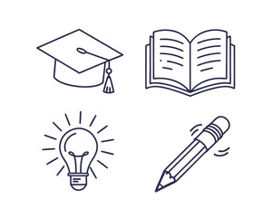 Educational Symbols Set Graduation Cap Book Lightbulb and Pencil Outlines for Academic Success and Creative Learning