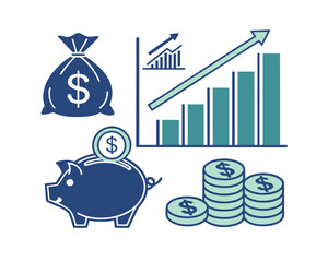Investment growth strategy with piggy bank money bag graph and coin stacks for financial success and planning