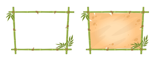 Cartoon wooden exotic frames. Bamboo signs, jungle borders with bamboo leaves and parchment paper flat vector illustration set. Bamboo frames on white