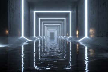 Futuristic long concrete corridor with glowing neon light frames reflecting in rippling water on the floor
