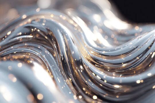 Abstract flowing reflective surface with scattered golden light particles