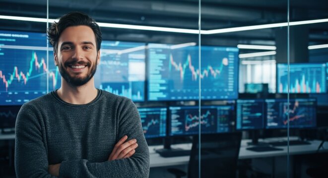 Confident Professional Smiling in High-Tech Finance Office with Multiple Computer Monitors Displaying Stock Market Data and Graphs