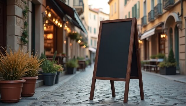Empty sandwich board stands on cobblestone street outside cafe. Dark chalkboard easel awaits messages. Restaurants line street with warm lights visible. Perfect for menu, specials, event