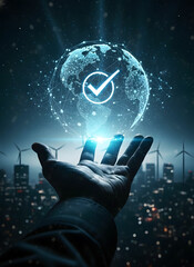 Hand holding glowing globe with checkmark symbolizing success and global technology