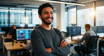 Confident and happy young professional businessman smiling in a modern office workspace with colleagues working in the background.