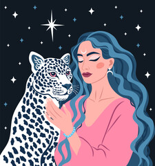 Esoteric woman with mystical totem animal celestial cheetah. Inner magical feminine power