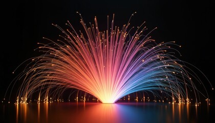 Abstract tech art image of glowing fiber optic light display. Colorful strands radiate from the center against a dark background. Vibrant light trails represent data transfer.