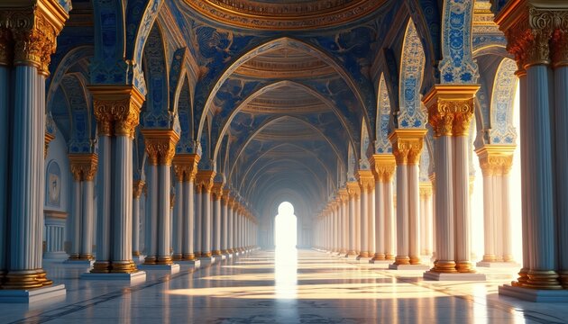 Artwork presents luxury palace interior with illuminated arches. Ornate designs in blue gold adorn columns. Visual embodies grandeur, timeless elegance ideal for architectural project interior design