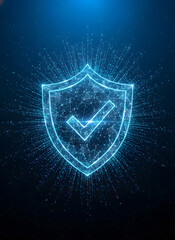 Digital shield with glowing checkmark symbolizing cybersecurity and data protection