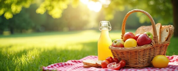Summer picnic on green grass in a sunny park. Wicker basket with fruit bread and lemonade on red checkered blanket. Healthy outdoor meal for lunch. Relaxing alfresco dining for a weekend holiday.